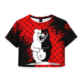 Женская футболка Crop-top 3D с принтом MONOKUMA. в Екатеринбурге, 100% полиэстер | круглая горловина, длина футболки до линии талии, рукава с отворотами | anime | bear | black  white | danganronpa | kurokuma | monodam | monokuma | monomi | monotaro | pink | rabbit | school | shirokuma | аниме | главарь | мoноми | монокума | черно белый | школа