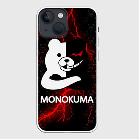 Чехол для iPhone 13 mini с принтом Монокума с красной молнией в Екатеринбурге,  |  | anime | bear | black  white | danganronpa | kurokuma | monodam | monokuma | monomi | monotaro | pink | rabbit | school | shirokuma | аниме | главарь | мoноми | монокума | черно белый | школа