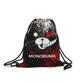 Рюкзак-мешок 3D с принтом MONOKUMA. в Екатеринбурге, 100% полиэстер | плотность ткани — 200 г/м2, размер — 35 х 45 см; лямки — толстые шнурки, застежка на шнуровке, без карманов и подкладки | anime | bear | black  white | danganronpa | kurokuma | monodam | monokuma | monomi | monotaro | pink | rabbit | school | shirokuma | аниме | главарь | мoноми | монокума | черно белый | школа