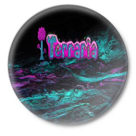 Значок с принтом Terraria в Екатеринбурге,  металл | круглая форма, металлическая застежка в виде булавки | terraria | terraria logo | terraria modded | террария | террария надпись