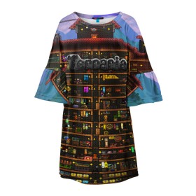 Детское платье 3D с принтом TERRARIA в Екатеринбурге, 100% полиэстер | прямой силуэт, чуть расширенный к низу. Круглая горловина, на рукавах — воланы | Тематика изображения на принте: game | pixel | terraria | игра | пиксель | террариа