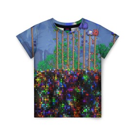 Детская футболка 3D с принтом TERRARIA в Екатеринбурге, 100% гипоаллергенный полиэфир | прямой крой, круглый вырез горловины, длина до линии бедер, чуть спущенное плечо, ткань немного тянется | game | pixel | terraria | игра | пиксель | террариа