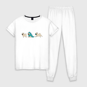 Женская пижама хлопок с принтом Смешные мопсы в Екатеринбурге, 100% хлопок | брюки и футболка прямого кроя, без карманов, на брюках мягкая резинка на поясе и по низу штанин | игривый пес | мопс | пес | смешной мопс | собака