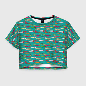 Женская футболка Crop-top 3D с принтом рыбацкие блесна в Екатеринбурге, 100% полиэстер | круглая горловина, длина футболки до линии талии, рукава с отворотами | fish | fishing | texture | абстракция | блестна | наживка | прикорм | рыба | рыбак | рыбалка | рыболов | текстура