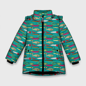 Зимняя куртка для девочек 3D с принтом рыбацкие блесна в Екатеринбурге, ткань верха — 100% полиэстер; подклад — 100% полиэстер, утеплитель — 100% полиэстер. | длина ниже бедра, удлиненная спинка, воротник стойка и отстегивающийся капюшон. Есть боковые карманы с листочкой на кнопках, утяжки по низу изделия и внутренний карман на молнии. 

Предусмотрены светоотражающий принт на спинке, радужный светоотражающий элемент на пуллере молнии и на резинке для утяжки. | Тематика изображения на принте: fish | fishing | texture | абстракция | блестна | наживка | прикорм | рыба | рыбак | рыбалка | рыболов | текстура
