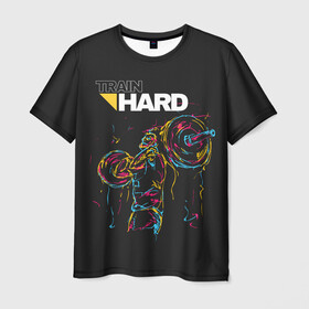 Мужская футболка 3D с принтом Train hard в Екатеринбурге, 100% полиэфир | прямой крой, круглый вырез горловины, длина до линии бедер | lifting | wheight lifting | wheightlifting | тяжелая атлетика | штанга | штангист