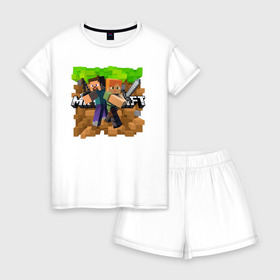 Женская пижама с шортиками хлопок с принтом MINECRAFT в Екатеринбурге, 100% хлопок | футболка прямого кроя, шорты свободные с широкой мягкой резинкой | block | creeper | cube | minecraft | pixel | блок | геометрия | крафт | крипер | кубики | майнкрафт | пиксели