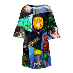Детское платье 3D с принтом Terraria allpic в Екатеринбурге, 100% полиэстер | прямой силуэт, чуть расширенный к низу. Круглая горловина, на рукавах — воланы | Тематика изображения на принте: game | pixel | terraria | игра | пиксель | террариа