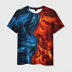 Мужская футболка 3D с принтом Огонь и вода в Екатеринбурге, 100% полиэфир | прямой крой, круглый вырез горловины, длина до линии бедер | fire | texture | абстракция | граффити | краски | лед | линии | огонь | огонь и лед | текстура | уличный стиль | яркая