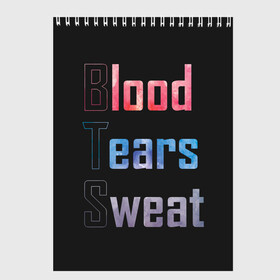 Скетчбук с принтом Blood Tears Sweat в Екатеринбурге, 100% бумага
 | 48 листов, плотность листов — 100 г/м2, плотность картонной обложки — 250 г/м2. Листы скреплены сверху удобной пружинной спиралью | bangtan | bighit | boy | fake love | j hope | jimin | jin | jungkook | korea | kpop | live | luv | mic drop | rm | suga | v | with | бтс | кей | поп