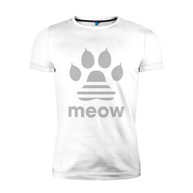 Мужская футболка хлопок Slim с принтом Meow в Екатеринбурге, 92% хлопок, 8% лайкра | приталенный силуэт, круглый вырез ворота, длина до линии бедра, короткий рукав | animal | cat | cute | kitty | meow | друг | животные | киска | китти | кот | котенок | котик | кошечка | кошка | лев | леопард | милый | мур | мяу | пантера | питомец | рысь | тигр | улыбка