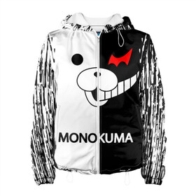 Женская куртка 3D с принтом MONOKUMA. в Екатеринбурге, ткань верха — 100% полиэстер, подклад — флис | прямой крой, подол и капюшон оформлены резинкой с фиксаторами, два кармана без застежек по бокам, один большой потайной карман на груди. Карман на груди застегивается на липучку | anime | bear | black  white | danganronpa | kurokuma | monodam | monokuma | monomi | monotaro | pink | rabbit | school | shirokuma | аниме | главарь | мoноми | монокума | черно белый | школа
