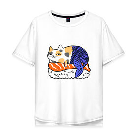 Мужская футболка хлопок Oversize с принтом Sushi Cat в Екатеринбурге, 100% хлопок | свободный крой, круглый ворот, “спинка” длиннее передней части | animal | cat | cute | kitty | meow | друг | животные | киска | китти | кот | котенок | котик | кошечка | кошка | лев | леопард | милый | мур | мяу | пантера | питомец | рысь | тигр | улыбка