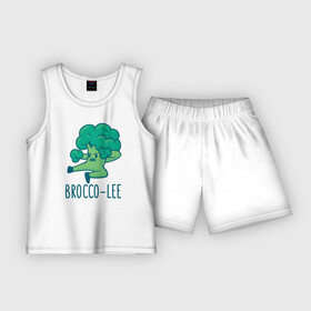 Детская пижама с шортами хлопок с принтом Brocco Lee в Екатеринбурге,  |  | Тематика изображения на принте: broccoli | vegan | veggie | брокко ли | брокколи | брюс ли | веган | вегетарианец