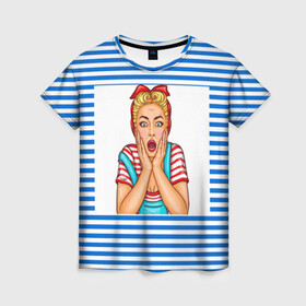 Женская футболка 3D с принтом Морячка в Екатеринбурге, 100% полиэфир ( синтетическое хлопкоподобное полотно) | прямой крой, круглый вырез горловины, длина до линии бедер | девушка | морячка | полоски | тельняшка