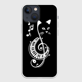 Чехол для iPhone 13 mini с принтом Музыкальный кот в Екатеринбурге,  |  | background | black | cat | mus | music | musical | white | with | белый | игроман | кот | котик | котиков | котиком | котов | кошек | кошка | меломан | музыка | музыкальный | ноты | с белым | с котом | с нотами | фон | черный