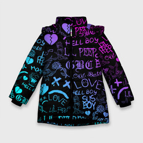 Зимняя куртка для девочек 3D с принтом LIL PEEP LOGOBOMBING в Екатеринбурге, ткань верха — 100% полиэстер; подклад — 100% полиэстер, утеплитель — 100% полиэстер. | длина ниже бедра, удлиненная спинка, воротник стойка и отстегивающийся капюшон. Есть боковые карманы с листочкой на кнопках, утяжки по низу изделия и внутренний карман на молнии. 

Предусмотрены светоотражающий принт на спинке, радужный светоотражающий элемент на пуллере молнии и на резинке для утяжки. | lil peep | lil prince | pink | зарубежная музыка | лил пип | маленький принц
