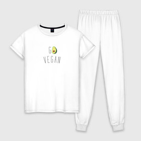 Женская пижама хлопок с принтом Go vegan #3 в Екатеринбурге, 100% хлопок | брюки и футболка прямого кроя, без карманов, на брюках мягкая резинка на поясе и по низу штанин | avocado | go | govegan | vegan | vegetarian | авокадо | веган | веганство | вегетарианство