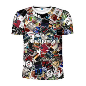 Мужская футболка 3D спортивная с принтом Дискография EMINEM в Екатеринбурге, 100% полиэстер с улучшенными характеристиками | приталенный силуэт, круглая горловина, широкие плечи, сужается к линии бедра | Тематика изображения на принте: discography | rap | альбом | обложка | паттрен | рэп | рэпер | эминем