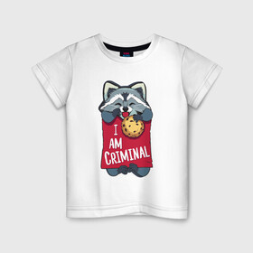 Детская футболка хлопок с принтом очаровательный воришка в Екатеринбурге, 100% хлопок | круглый вырез горловины, полуприлегающий силуэт, длина до линии бедер | воришка | енот | енотик | животное | животные | забавный | милый | мультяшный | няшный | очаровательный | печенье | печеньки | смешной
