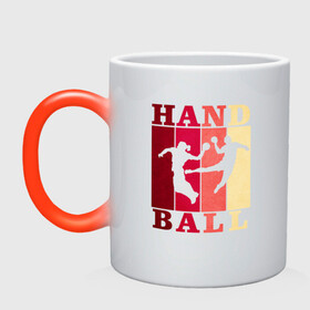 Кружка хамелеон с принтом Handball в Екатеринбурге, керамика | меняет цвет при нагревании, емкость 330 мл | hand ball | handball | play | игра | игра в ганбол | игра с мячом | мяч | руки | футбол