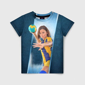 Детская футболка 3D с принтом Гандболистка в Екатеринбурге, 100% гипоаллергенный полиэфир | прямой крой, круглый вырез горловины, длина до линии бедер, чуть спущенное плечо, ткань немного тянется | hand ball | handball | play | игра | игра в ганбол | игра с мячом | мяч | руки | футбол