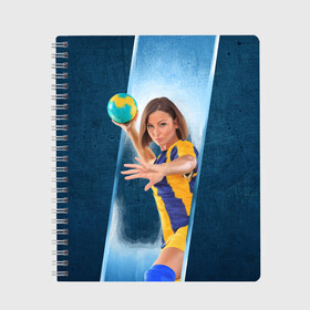 Тетрадь с принтом Гандболистка в Екатеринбурге, 100% бумага | 48 листов, плотность листов — 60 г/м2, плотность картонной обложки — 250 г/м2. Листы скреплены сбоку удобной пружинной спиралью. Уголки страниц и обложки скругленные. Цвет линий — светло-серый
 | hand ball | handball | play | игра | игра в ганбол | игра с мячом | мяч | руки | футбол