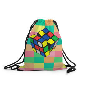 Рюкзак-мешок 3D с принтом Кубик Рубика в Екатеринбурге, 100% полиэстер | плотность ткани — 200 г/м2, размер — 35 х 45 см; лямки — толстые шнурки, застежка на шнуровке, без карманов и подкладки | Тематика изображения на принте: игра | интеллект | куб | кубик | рубик | ум