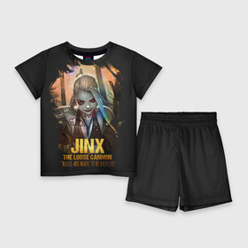 Детский костюм с шортами 3D с принтом Jinx в Екатеринбурге,  |  | Тематика изображения на принте: jinx | kda | league | lol | moba | pentakill | riot | rise | rus | skins | варвик | варус | воин | легенд | лига | лол | маг | стрелок | танк | чемпион