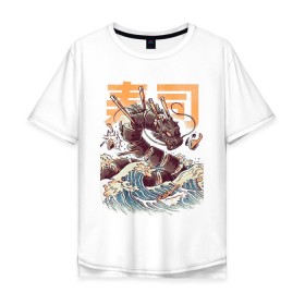 Мужская футболка хлопок Oversize с принтом Суши-зила, Китайский дракон в Екатеринбурге, 100% хлопок | свободный крой, круглый ворот, “спинка” длиннее передней части | 