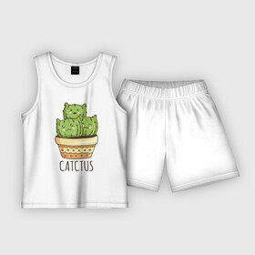 Детская пижама с шортами хлопок с принтом Кактус Котики в Екатеринбурге,  |  | cacti | cactus | cat | kitty | plants | кактус | кот | котики | кошка | растения | цветы
