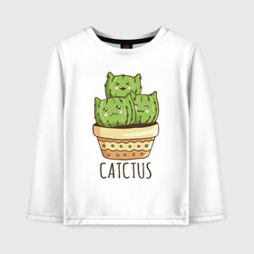 Детский лонгслив хлопок с принтом Кактус Котики в Екатеринбурге, 100% хлопок | круглый вырез горловины, полуприлегающий силуэт, длина до линии бедер | Тематика изображения на принте: cacti | cactus | cat | kitty | plants | кактус | кот | котики | кошка | растения | цветы