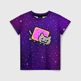 Детская футболка 3D с принтом Nyan Cat в Екатеринбурге, 100% гипоаллергенный полиэфир | прямой крой, круглый вырез горловины, длина до линии бедер, чуть спущенное плечо, ткань немного тянется | cat | meme | nyan cat | space | youtube | животное | звезды | интернет | космос | кошка | мем | прикол | радуга | юмор | ютуб
