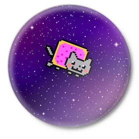 Значок с принтом Nyan Cat в Екатеринбурге,  металл | круглая форма, металлическая застежка в виде булавки | cat | meme | nyan cat | space | youtube | животное | звезды | интернет | космос | кошка | мем | прикол | радуга | юмор | ютуб