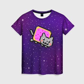 Женская футболка 3D с принтом Nyan Cat в Екатеринбурге, 100% полиэфир ( синтетическое хлопкоподобное полотно) | прямой крой, круглый вырез горловины, длина до линии бедер | cat | meme | nyan cat | space | youtube | животное | звезды | интернет | космос | кошка | мем | прикол | радуга | юмор | ютуб