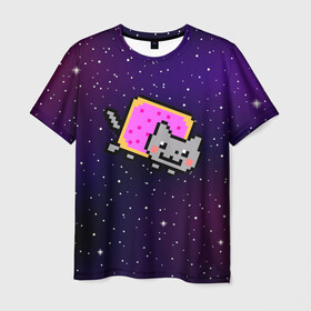 Мужская футболка 3D с принтом Nyan Cat в Екатеринбурге, 100% полиэфир | прямой крой, круглый вырез горловины, длина до линии бедер | cat | meme | nyan cat | space | youtube | животное | звезды | интернет | космос | кошка | мем | прикол | радуга | юмор | ютуб