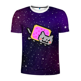 Мужская футболка 3D спортивная с принтом Nyan Cat в Екатеринбурге, 100% полиэстер с улучшенными характеристиками | приталенный силуэт, круглая горловина, широкие плечи, сужается к линии бедра | cat | meme | nyan cat | space | youtube | животное | звезды | интернет | космос | кошка | мем | прикол | радуга | юмор | ютуб