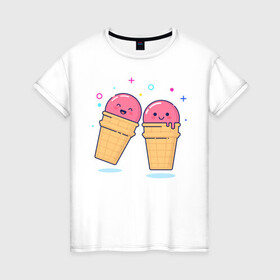 Женская футболка хлопок с принтом Мороженки в Екатеринбурге, 100% хлопок | прямой крой, круглый вырез горловины, длина до линии бедер, слегка спущенное плечо | мороженка мороженки пара вкусняшка любовь отн