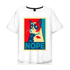 Мужская футболка хлопок Oversize с принтом Grumpy Cat в Екатеринбурге, 100% хлопок | свободный крой, круглый ворот, “спинка” длиннее передней части | Тематика изображения на принте: cat | grumpy | meme | nope | интернет | кот | кот мем | кошка | мем | ноуп | прикол | угрюмый | юмор