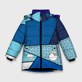 Зимняя куртка для девочек 3D с принтом Finn&Jake Geometric в Екатеринбурге, ткань верха — 100% полиэстер; подклад — 100% полиэстер, утеплитель — 100% полиэстер. | длина ниже бедра, удлиненная спинка, воротник стойка и отстегивающийся капюшон. Есть боковые карманы с листочкой на кнопках, утяжки по низу изделия и внутренний карман на молнии. 

Предусмотрены светоотражающий принт на спинке, радужный светоотражающий элемент на пуллере молнии и на резинке для утяжки. | adventure time | finn the human | jake the dog | vdzajul | джейк | лич | марселин | ооо | рикардио | снежный король | финн | финн парнишка