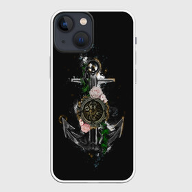 Чехол для iPhone 13 mini с принтом якорь с компасом и цветами в Екатеринбурге,  |  | компас | моряк | розы | темный принт | цветы | якорь