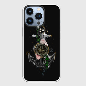 Чехол для iPhone 13 Pro с принтом якорь с компасом и цветами в Екатеринбурге,  |  | Тематика изображения на принте: компас | моряк | розы | темный принт | цветы | якорь