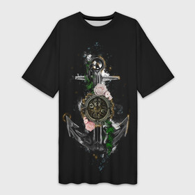 Платье-футболка 3D с принтом якорь с компасом и цветами в Екатеринбурге,  |  | компас | моряк | розы | темный принт | цветы | якорь