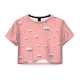 Женская футболка Crop-top 3D с принтом Cute bones в Екатеринбурге, 100% полиэстер | круглая горловина, длина футболки до линии талии, рукава с отворотами | bone | pink | pink skull | skeleton | skull | кости | розовый | череп