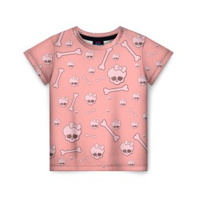Детская футболка 3D с принтом Cute bones в Екатеринбурге, 100% гипоаллергенный полиэфир | прямой крой, круглый вырез горловины, длина до линии бедер, чуть спущенное плечо, ткань немного тянется | bone | pink | pink skull | skeleton | skull | кости | розовый | череп