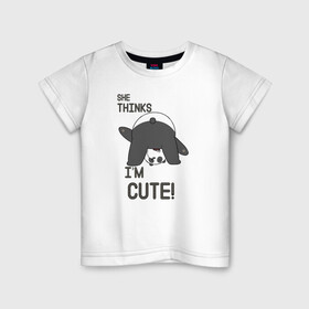 Детская футболка хлопок с принтом She thinks в Екатеринбурге, 100% хлопок | круглый вырез горловины, полуприлегающий силуэт, длина до линии бедер | grizzly | ice bear | panda | the three bare bears | vdzajul | we bare bears | белый | вся правда о медведях | гризли | панда | правда