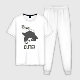 Мужская пижама хлопок с принтом She thinks в Екатеринбурге, 100% хлопок | брюки и футболка прямого кроя, без карманов, на брюках мягкая резинка на поясе и по низу штанин
 | grizzly | ice bear | panda | the three bare bears | vdzajul | we bare bears | белый | вся правда о медведях | гризли | панда | правда