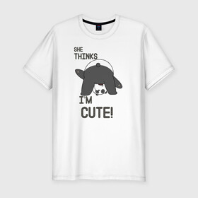 Мужская футболка хлопок Slim с принтом She thinks в Екатеринбурге, 92% хлопок, 8% лайкра | приталенный силуэт, круглый вырез ворота, длина до линии бедра, короткий рукав | grizzly | ice bear | panda | the three bare bears | vdzajul | we bare bears | белый | вся правда о медведях | гризли | панда | правда