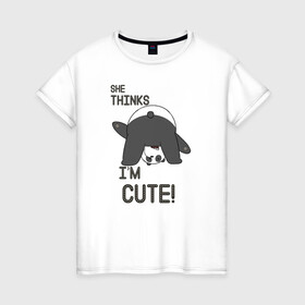 Женская футболка хлопок с принтом She thinks в Екатеринбурге, 100% хлопок | прямой крой, круглый вырез горловины, длина до линии бедер, слегка спущенное плечо | grizzly | ice bear | panda | the three bare bears | vdzajul | we bare bears | белый | вся правда о медведях | гризли | панда | правда