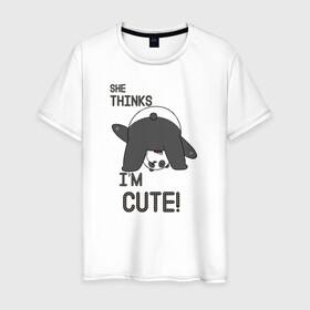 Мужская футболка хлопок с принтом She thinks в Екатеринбурге, 100% хлопок | прямой крой, круглый вырез горловины, длина до линии бедер, слегка спущенное плечо. | grizzly | ice bear | panda | the three bare bears | vdzajul | we bare bears | белый | вся правда о медведях | гризли | панда | правда